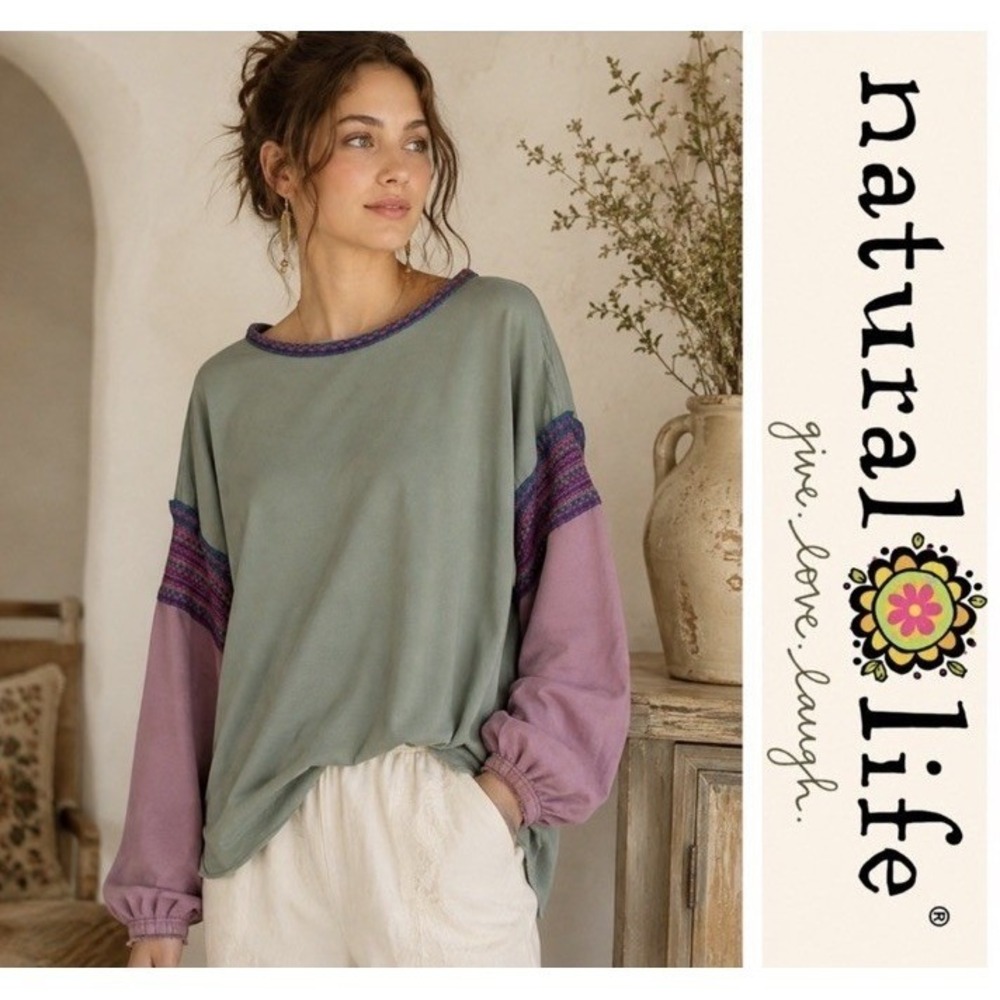 Natural Life Knit Trim Sweatshirt Top Women's L/XL Bohemian Boho Cozy Raw Edge